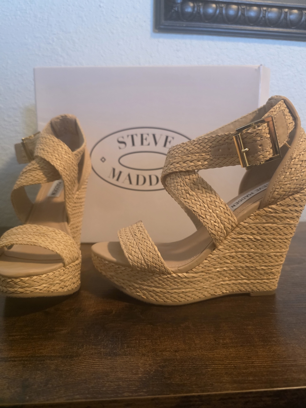 Steve Madden Beige/Tan Woven Espadrille Wedge Sandals